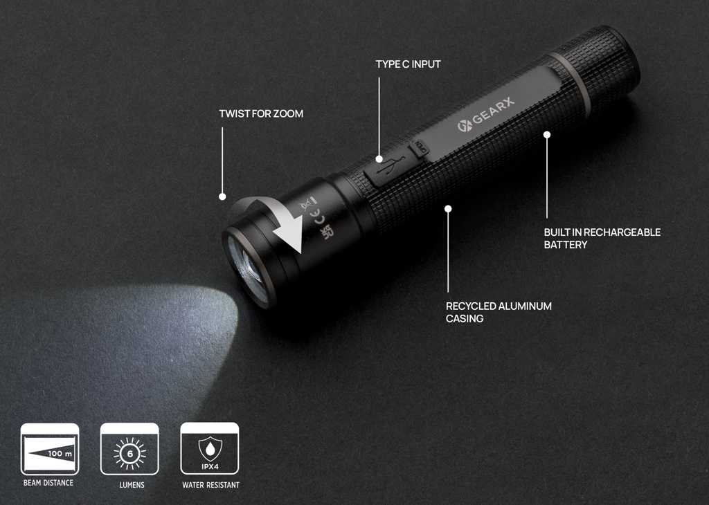 Gear X Taschenlampe aus RCS recycelt. Aluminium mit USB-Akku