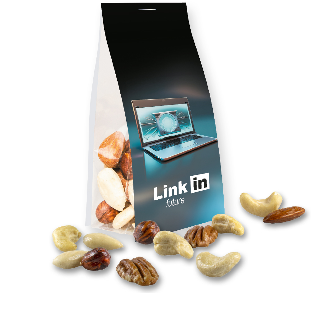 Bio NusskernMix, ca. 40g, Express Blockbodenbeutel mit Werbereiter