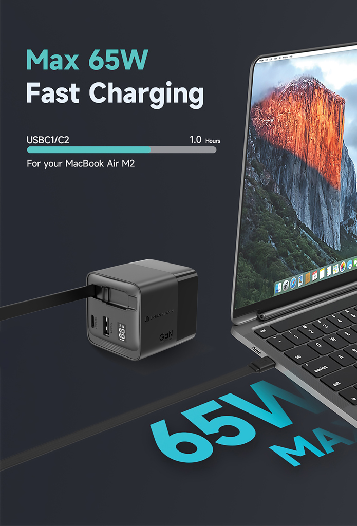 Urban Vitamin Mendocino 65W GaN-Charger mit einziehb. Kabel