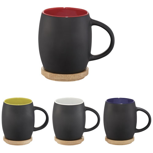Hearth 400 ml Keramiktasse mit Holz Untersetzer - schwarz / weiss