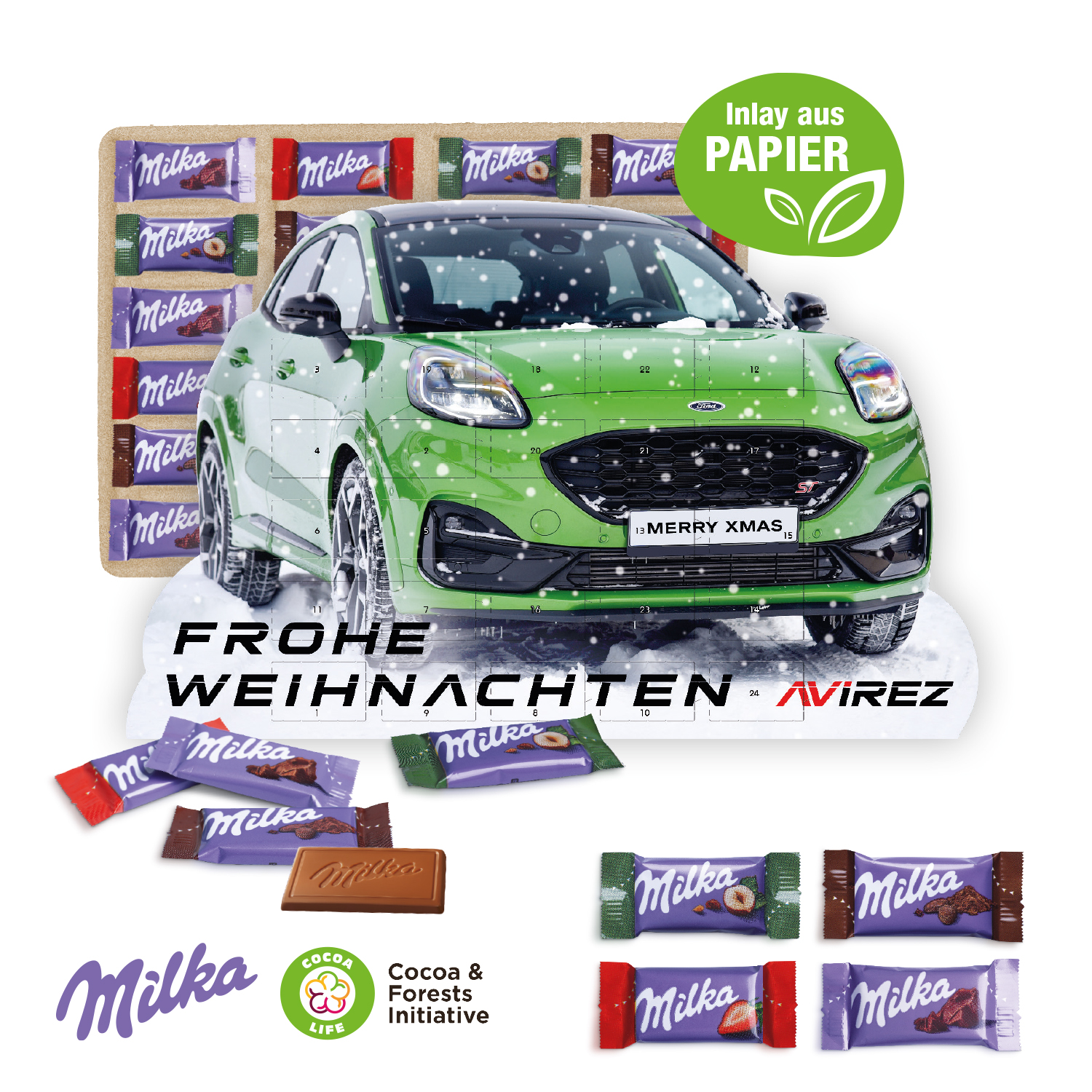 Adventskalender "individuelle Kalenderform" mit Milka Schokolade, Inlay aus Papier