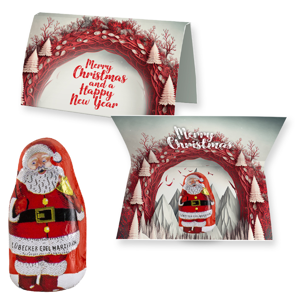 Lübecker Marzipan Weihnachtsmänner, ca. 12g, Weihnachtswerbekarte gefaltet