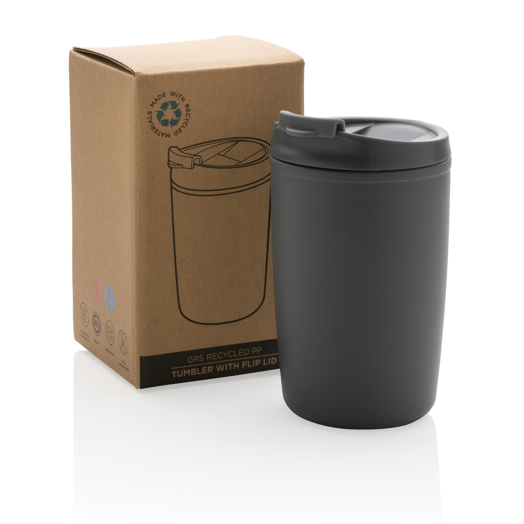 GRS recycelter PP-Becher mit Flip-Deckel