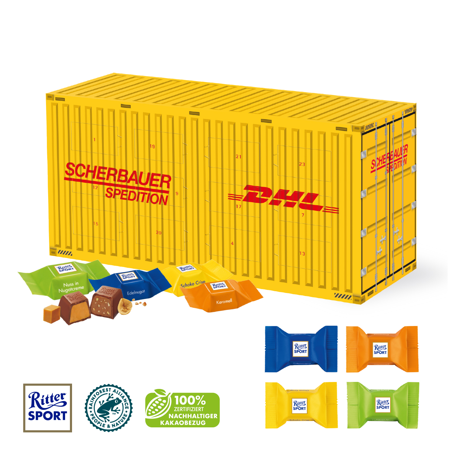 3D Adventskalender "Container" mit Ritter SPORT Schokowürfel