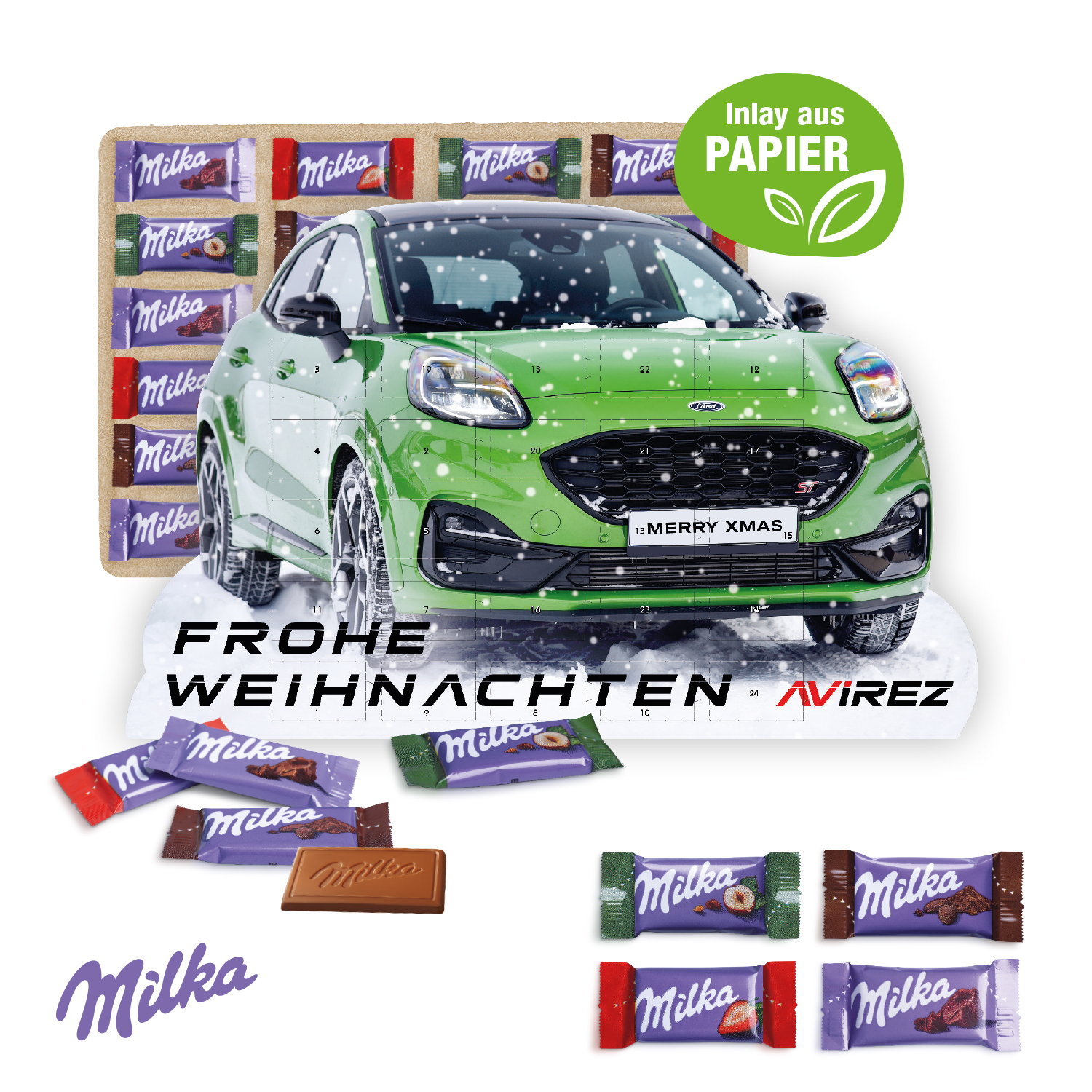 Adventskalender "individuelle Kalenderform" mit Milka Schokolade, Inlay aus Papier