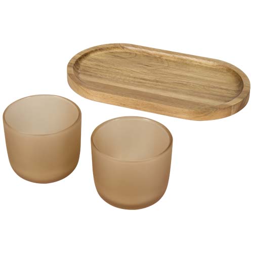 Male Set aus Holztablett und Glastassen, matt - oatmeal