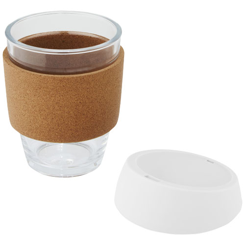 Lidan 360 ml Becher aus Borosilikatglas mit Korkgriff und Silikondeckel - weiss