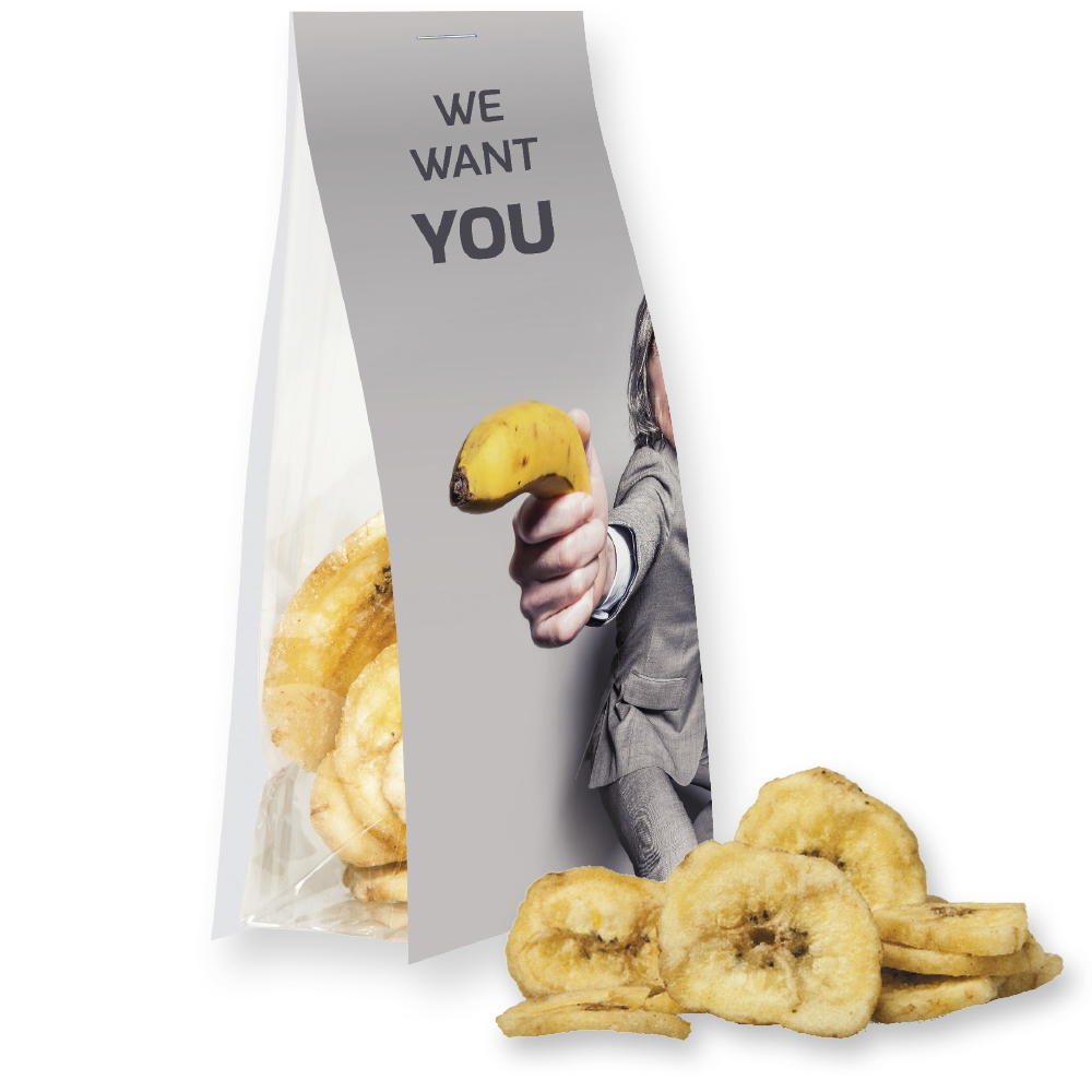 Bio Bananenchips, ca. 25g, Express Blockbodenbeutel mit Werbereiter