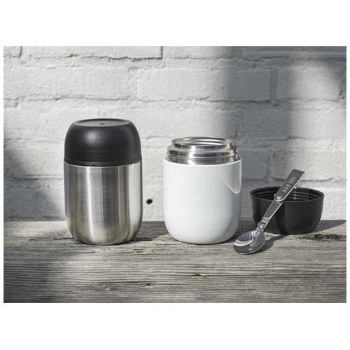 Supo 480 ml doppelwandiger Lunchpot aus recyceltem Edelstahl mit faltbarem Löffel - weiss