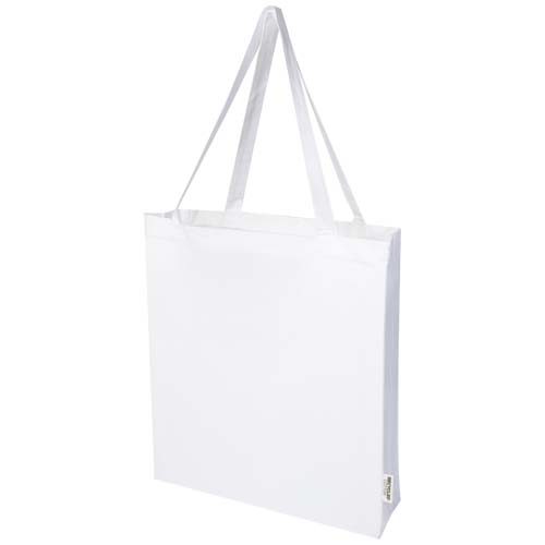 Madras 140 g/m² Baumwoll Tragetasche mit Seitenfalten aus GRS recycelter Baumwolle 12L - weiss