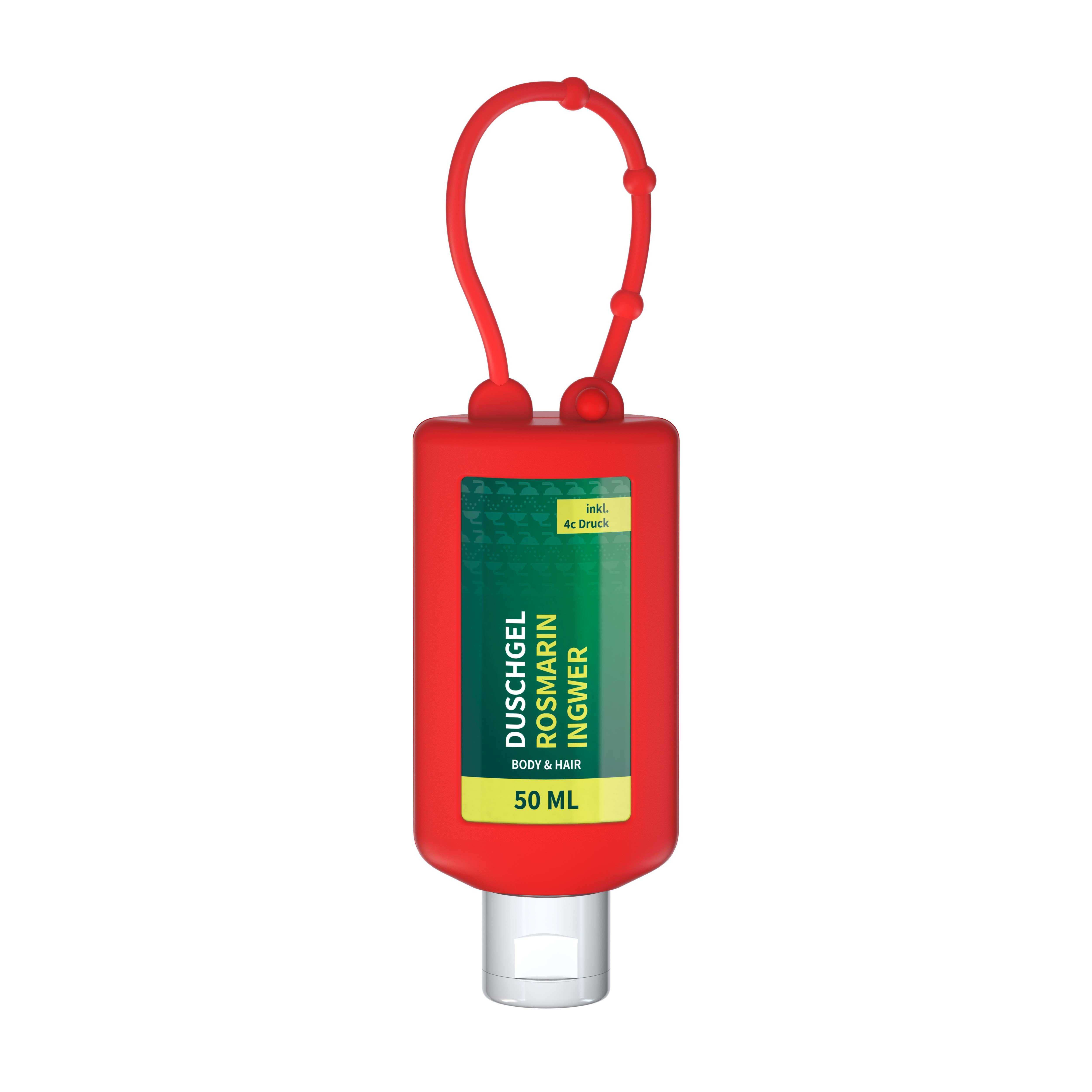 Duschgel Rosmarin-Ingwer, 50 ml Bumper rot, Body Label (R-PET)