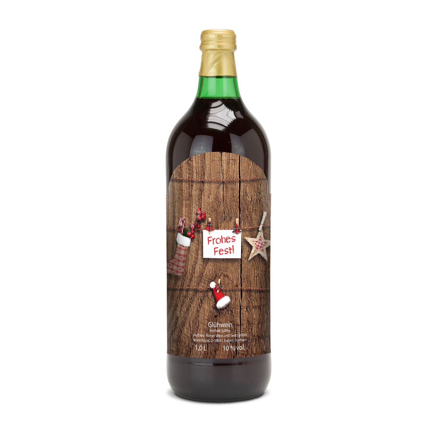 Glühwein - Flasche grün, 1 l - Motiv: Frohes Fest