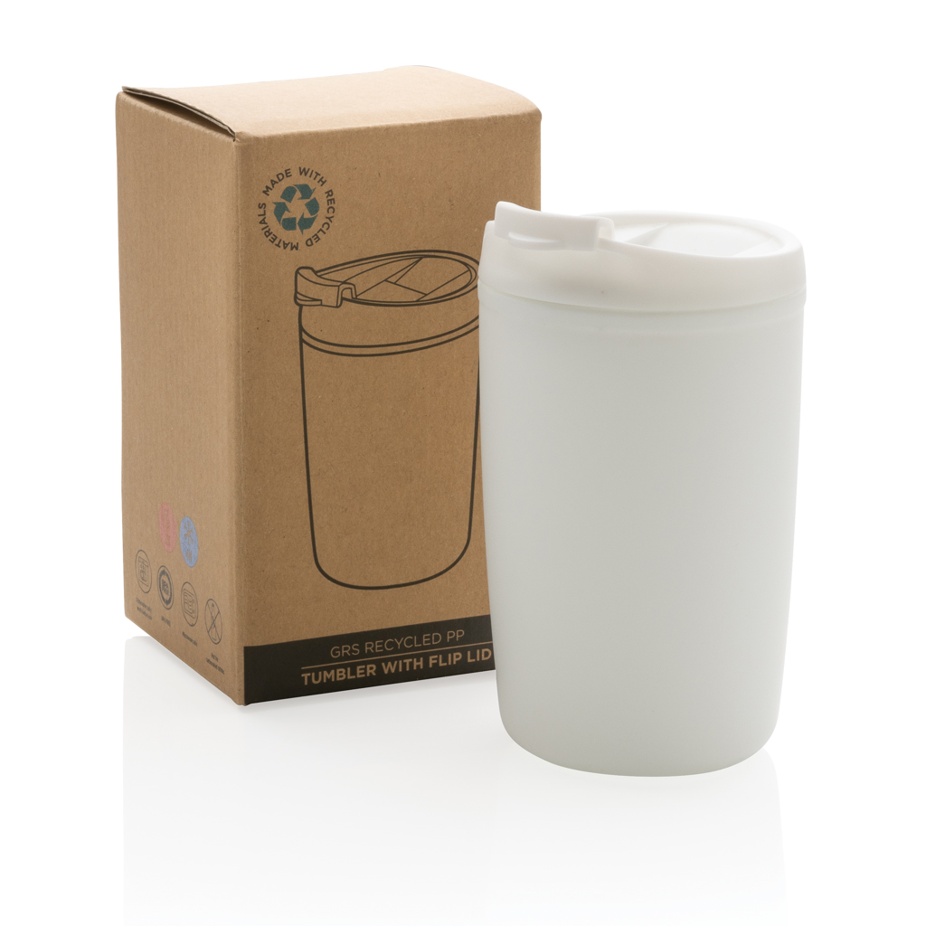 GRS recycelter PP-Becher mit Flip-Deckel