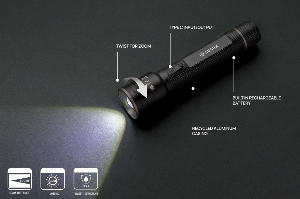 Große Gear X Taschenlampe aus RCS recycelt. Alu mit USB-Akku
