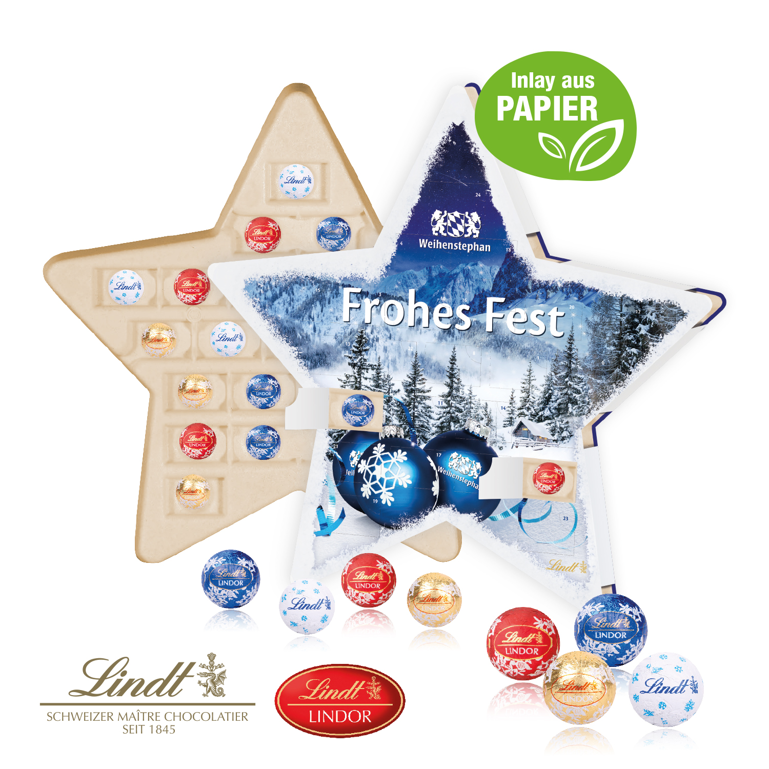 Adventskalender "Stern" mit Lindt Schokolade, Inlay aus Papier