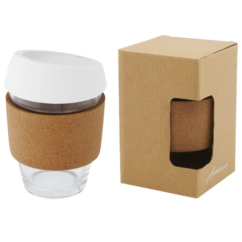 Lidan 360 ml Becher aus Borosilikatglas mit Korkgriff und Silikondeckel - weiss