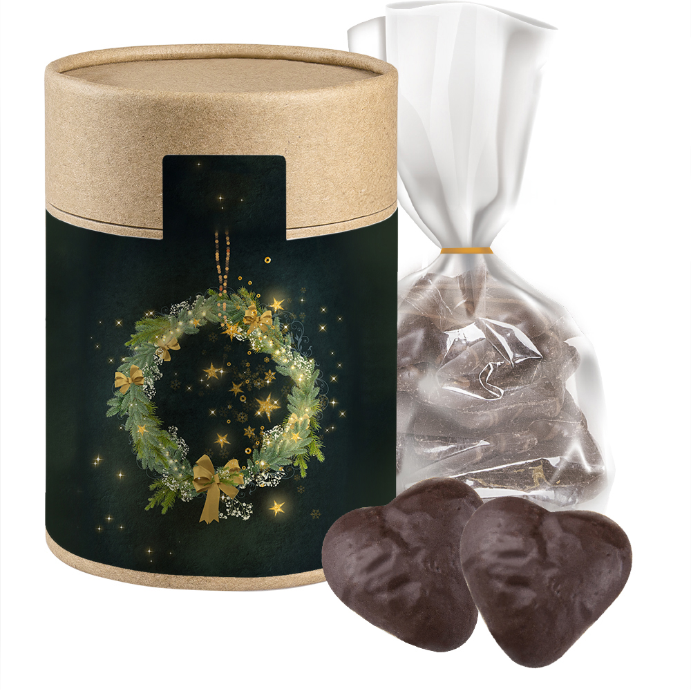 Lebkuchen Schokoherzen gefüllt, ca. 100g, Beutel in Kraftpapierdose Maxi
