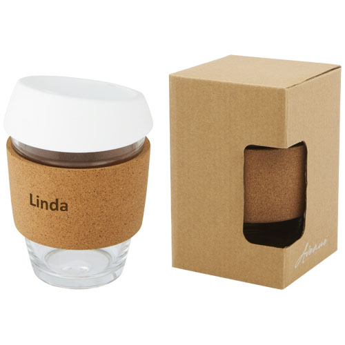 Lidan 360 ml Becher aus Borosilikatglas mit Korkgriff und Silikondeckel - weiss