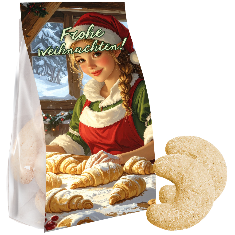 Bio Vanillekipferl, 100g, Express Blockbodenbeutel mit Werbereiter