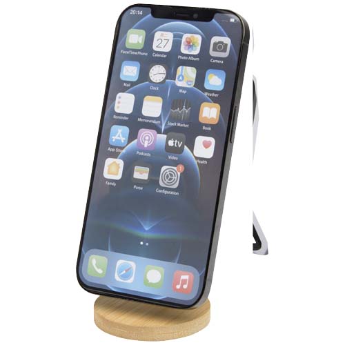 Alcor Klappbare magnetische Smartphonehalterung aus recyceltem Kunststoff mit Bambusdetails - weiss