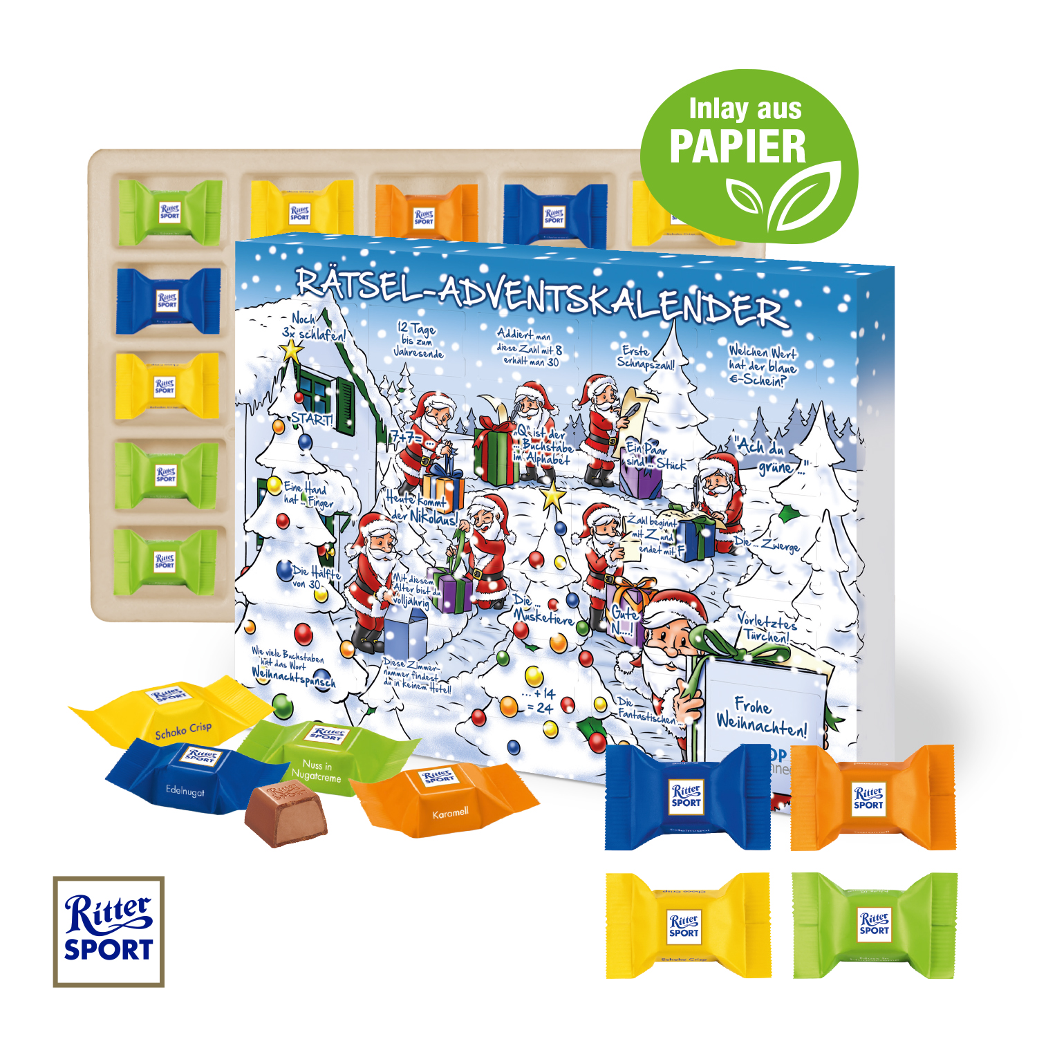 Adventskalender mit Ritter SPORT Schokowürfel, Inlay aus Papier