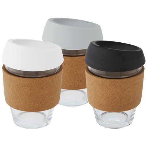 Lidan 360 ml Becher aus Borosilikatglas mit Korkgriff und Silikondeckel - weiss