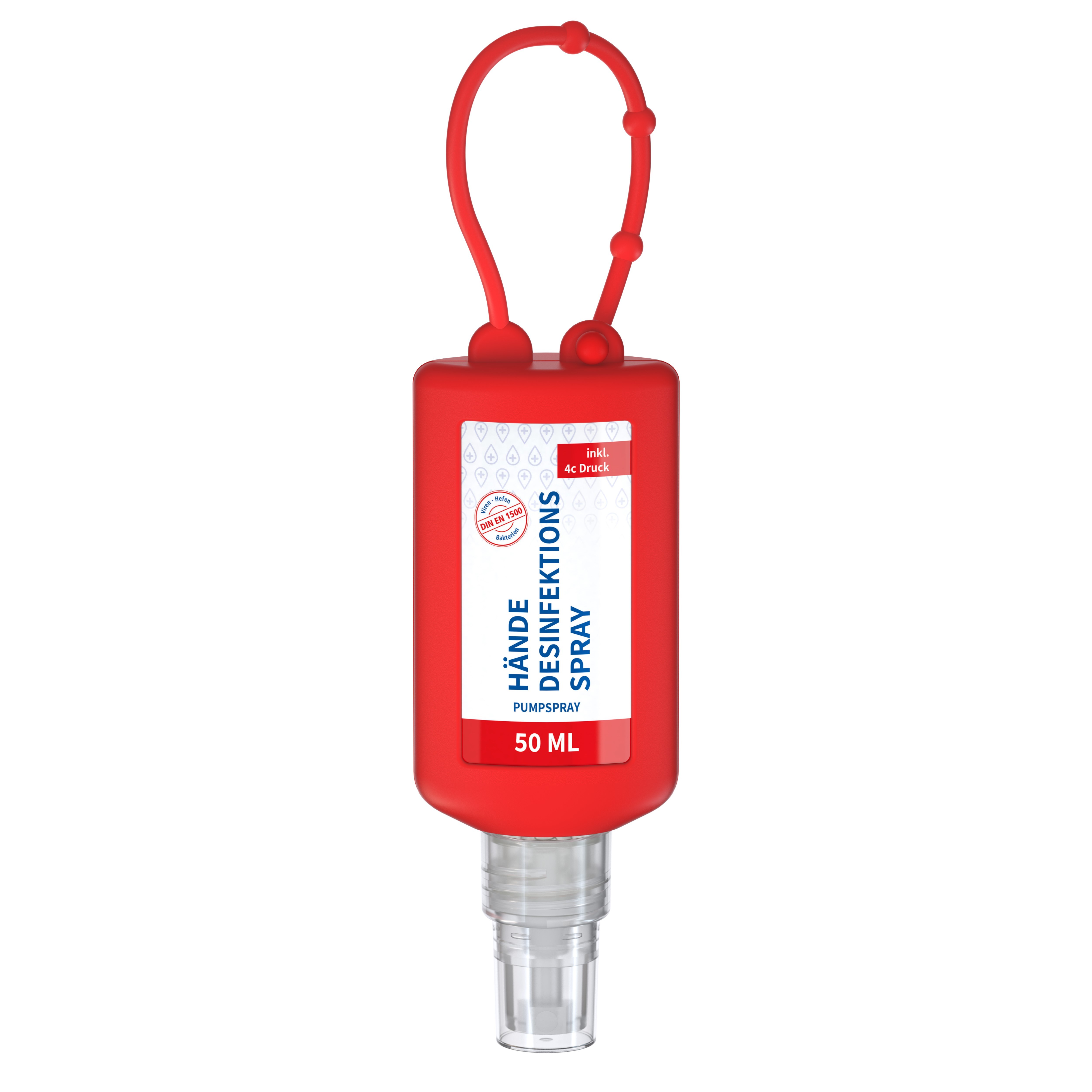 Hände-Desinfektionsspray (DIN EN 1500), 50 ml Bumper rot, Body Label (R-PET)