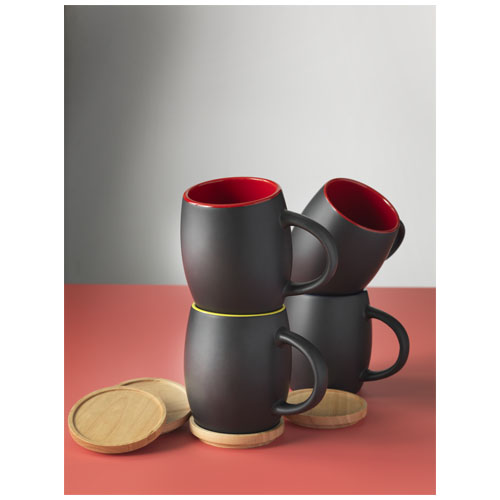 Hearth 400 ml Keramiktasse mit Holz Untersetzer - schwarz / weiss