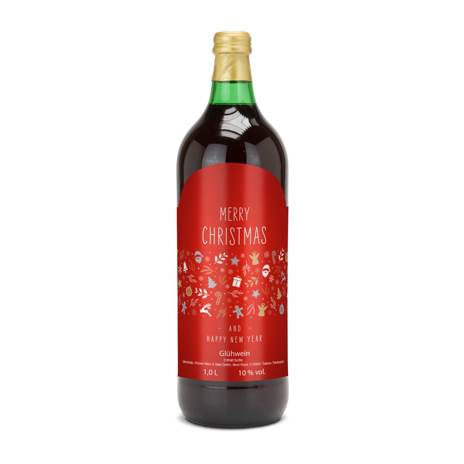 Glühwein - Flasche grün, 1 l - Motiv: Merry Christmas (rot)