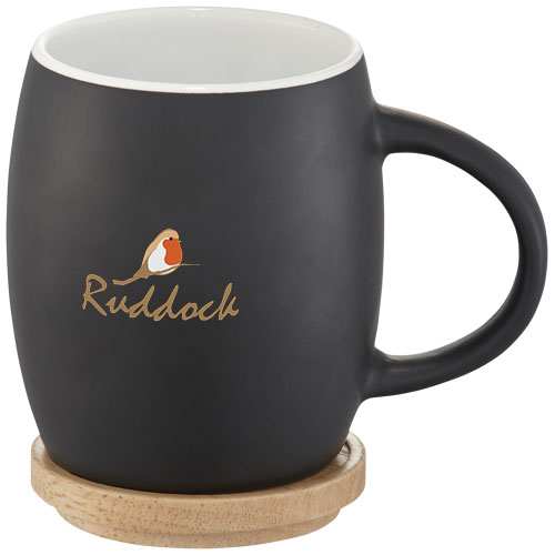 Hearth 400 ml Keramiktasse mit Holz Untersetzer - schwarz / weiss