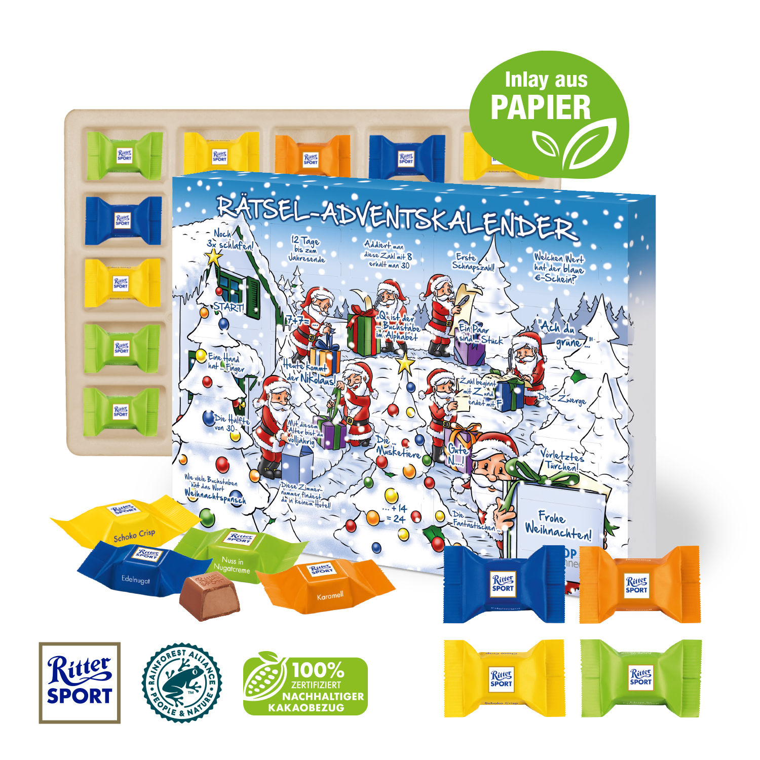 Adventskalender mit Ritter SPORT Schokowürfel, Inlay aus Papier