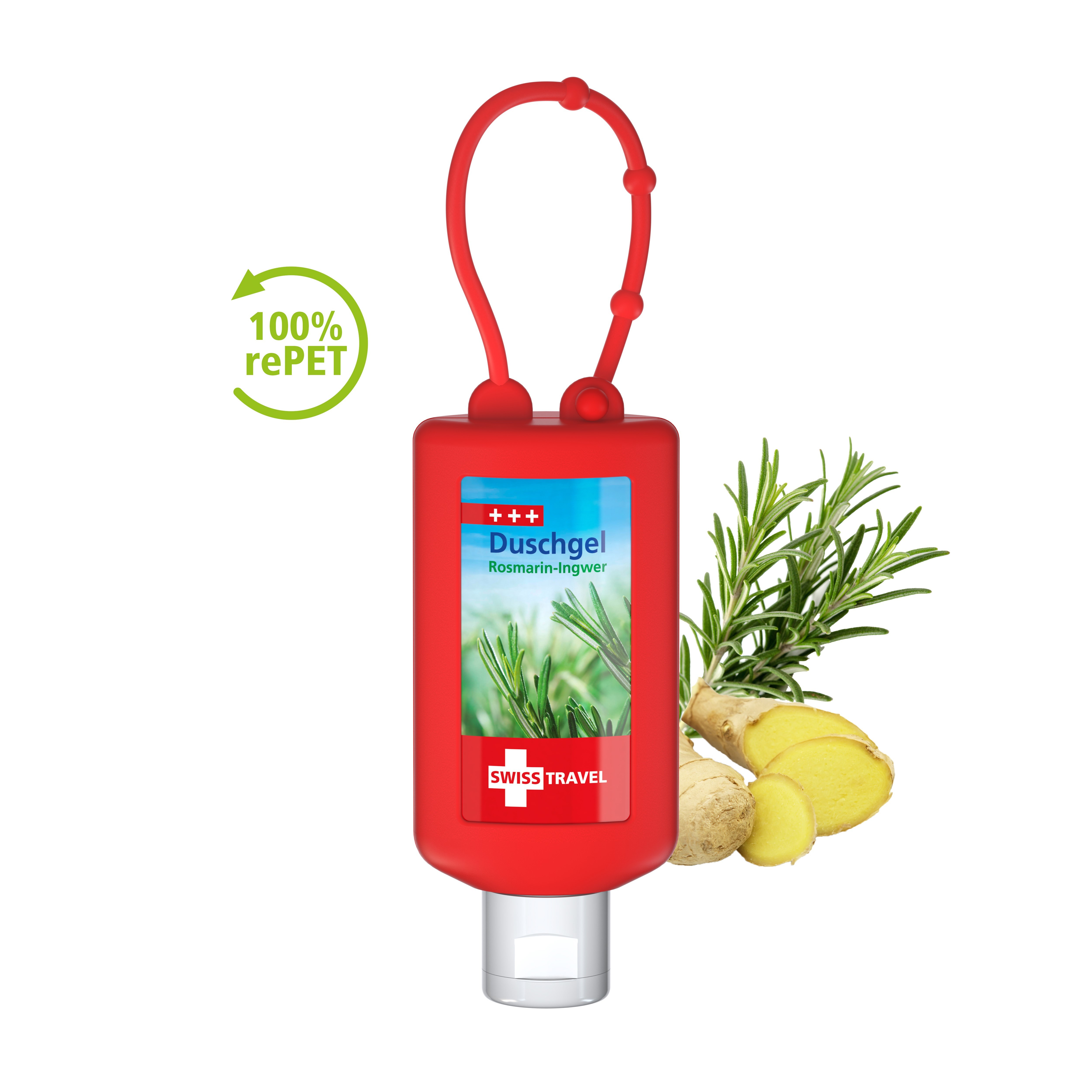 Duschgel Rosmarin-Ingwer, 50 ml Bumper rot, Body Label (R-PET)