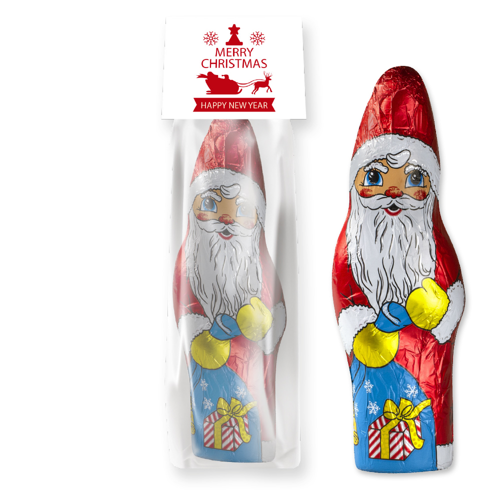 Bio Schoko Weihnachtsmann, ca. 75g, Blockbodenbeutel mit Werbereiter