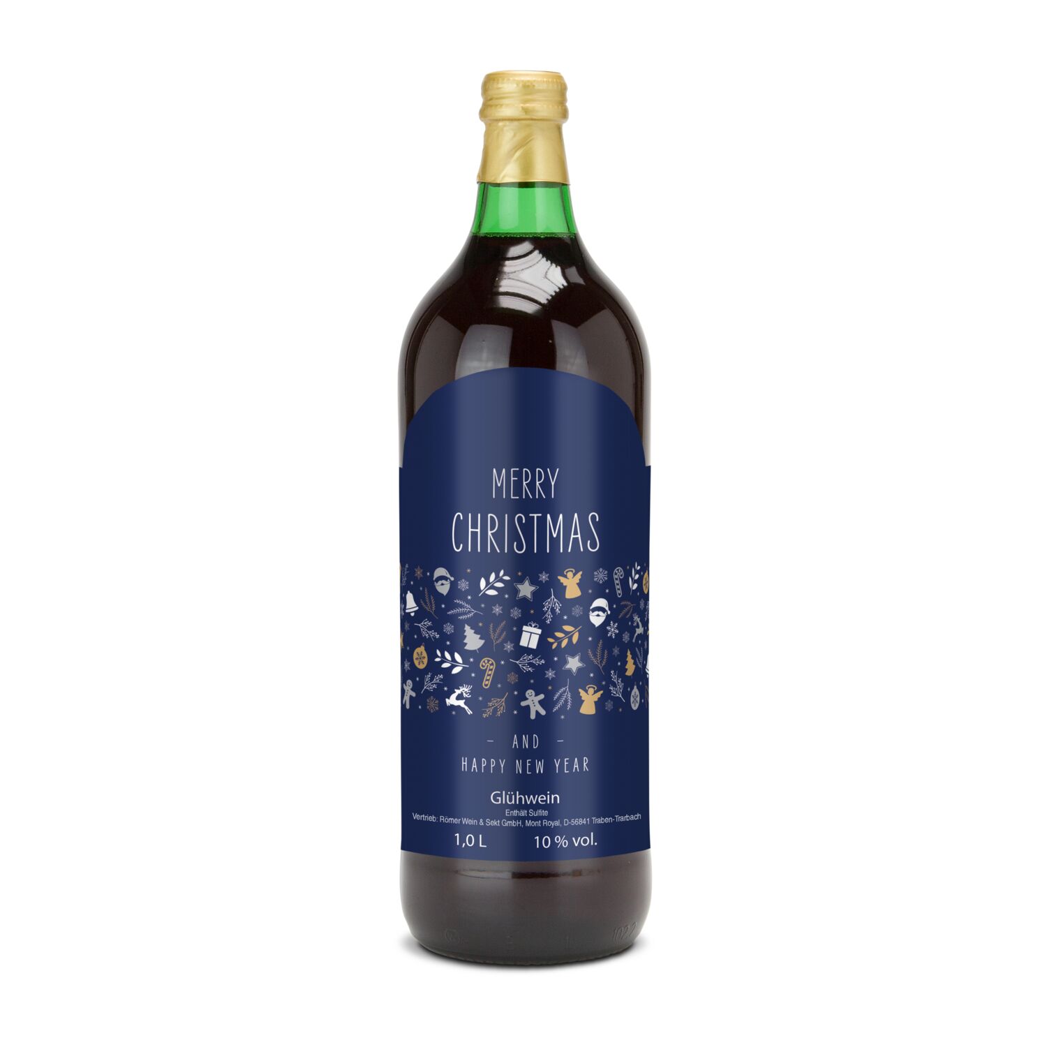 Glühwein - Flasche grün, 1 l - Motiv: Merry Christmas (blau)