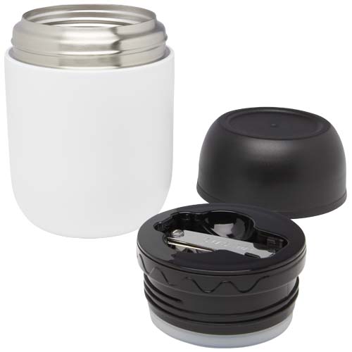 Supo 480 ml doppelwandiger Lunchpot aus recyceltem Edelstahl mit faltbarem Löffel - weiss