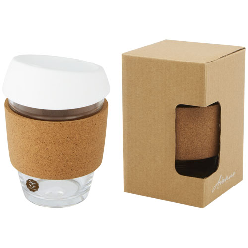 Lidan 360 ml Becher aus Borosilikatglas mit Korkgriff und Silikondeckel - weiss