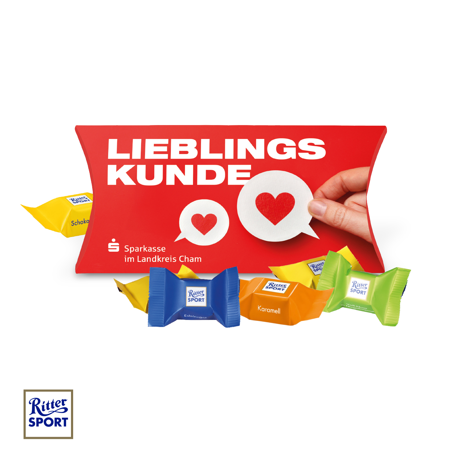 Kissenverpackung "Creative" mit Ritter SPORT Schokowürfel